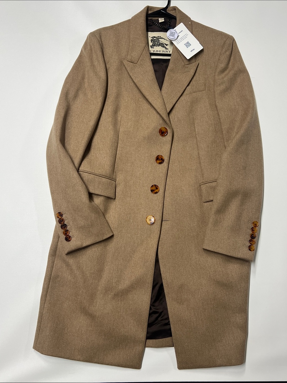 Burberry Tan Wool Pea Coat with Tortoiseshell Buttons